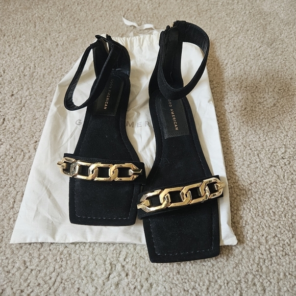 Good American Ankle Strap Suede Sandals Black Zip Gold Chain Link Size 8.5 - Picture 1 of 5